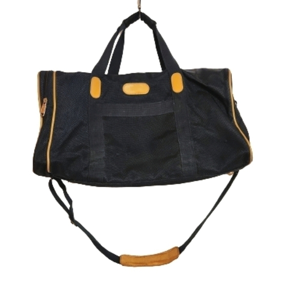 London Fog Vintage Large Weekender Duffle Bag Navy and Tan - Picture 1 of 13